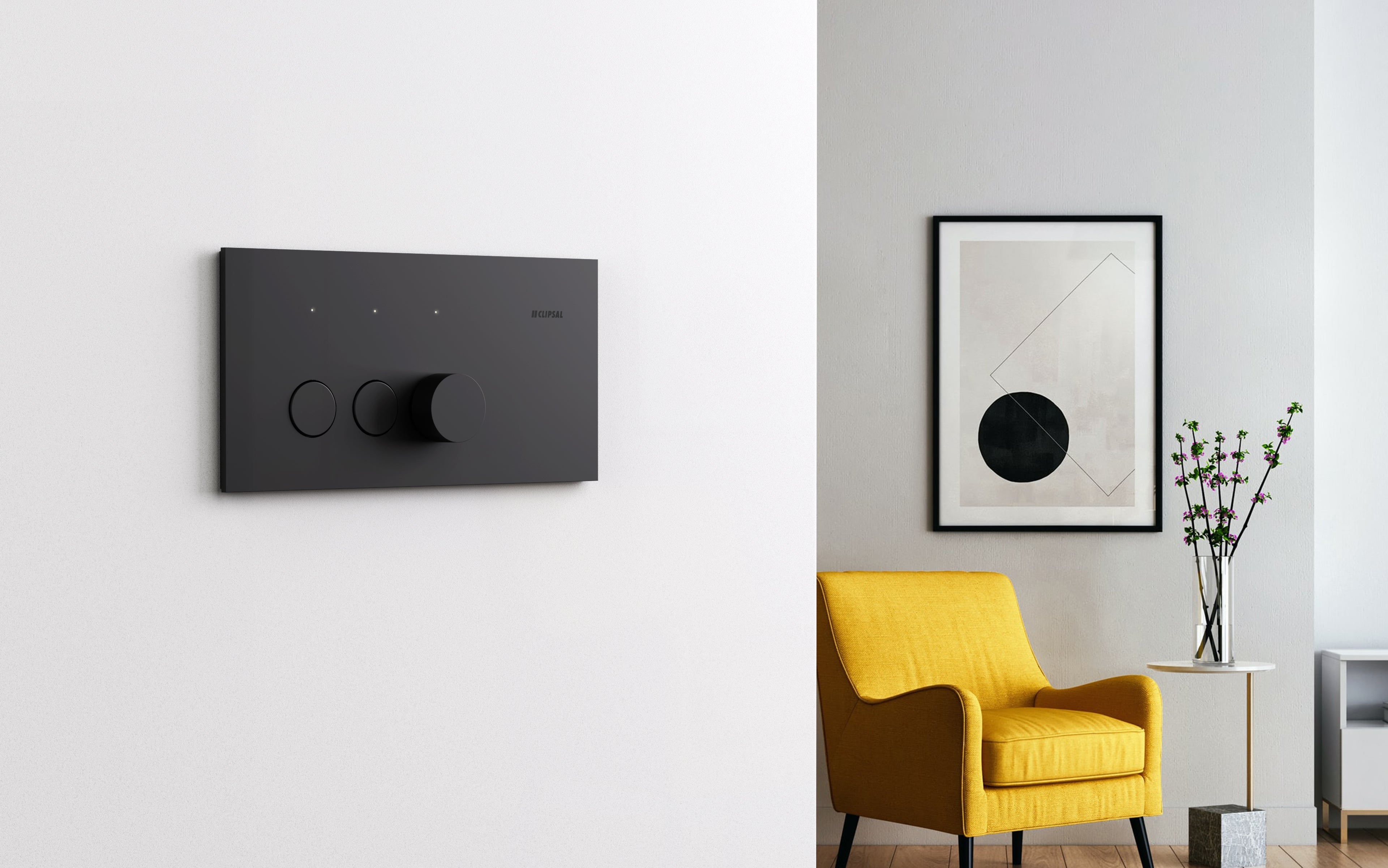 Matte black Clipsal Solis switch and dimmer installed in a modern living room.