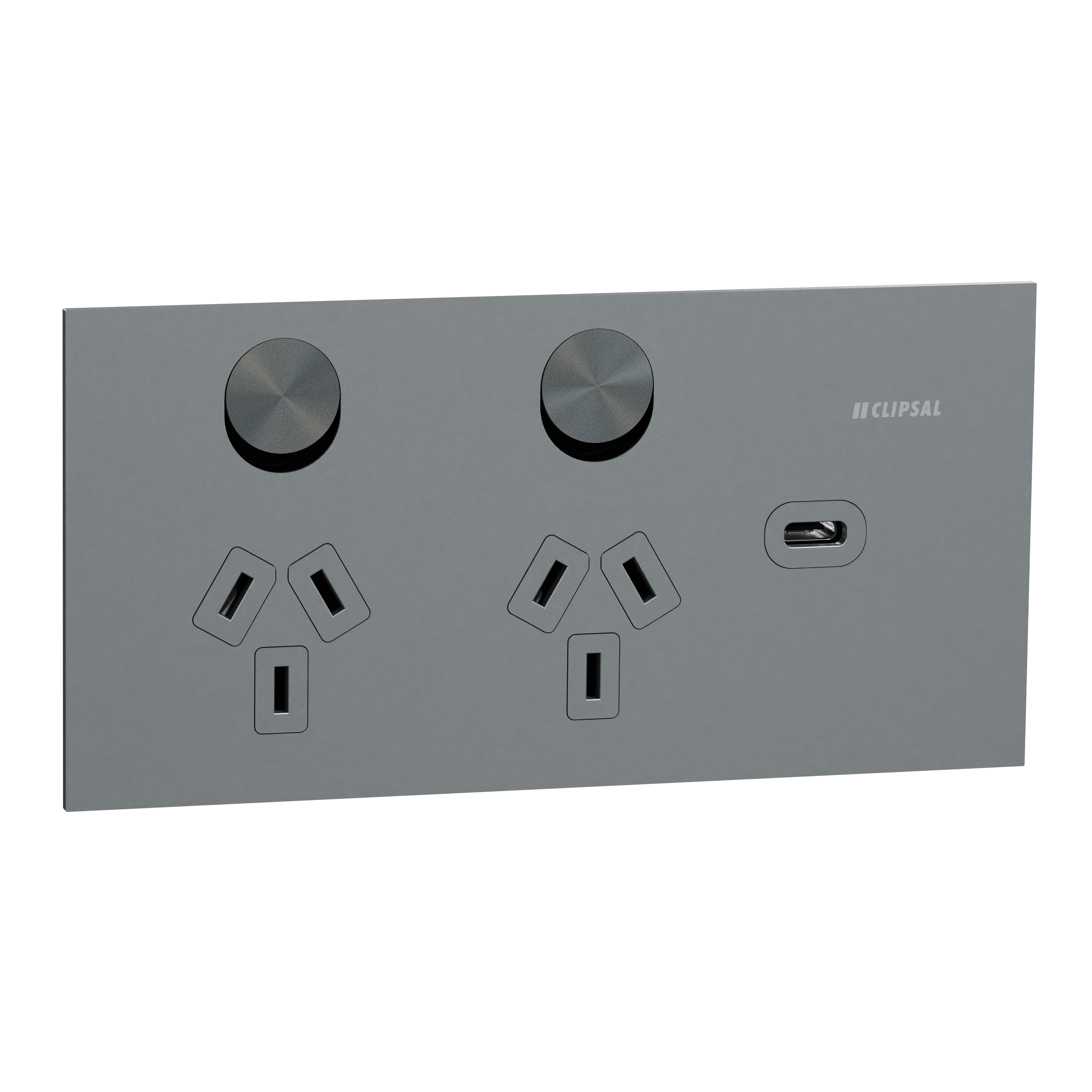Clipsal Double switched socket + USB charger, Solis T Series, horizontal, USB C type, 10A