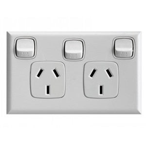 HPM Excel 10A Double Horizontal Socket with Extra Switch - White
