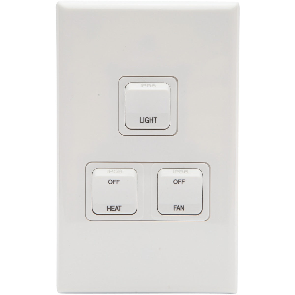 PDL 3Gang 16Amp IP56 Waterproof Switch Labelled LIGHT/FAN/HEAT - White