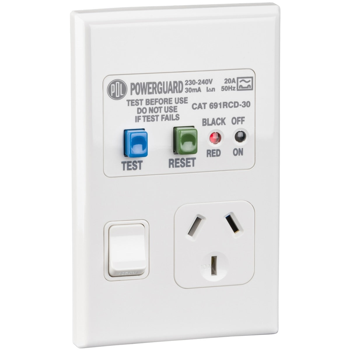 PDL Socket Outlet 600 Series - Single switched - Assembled - Vertical - 30mA RCD protection - 240 V - 10 A - White