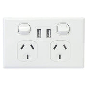 Tradesave Double Horizontal 10Amp Socket with Double USB Charger - White