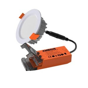 Ambus recessed downlight LED with an orange battery pack and black cable, shown on a white background.