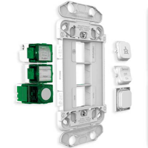 Electrical junction box with green connectors and white switch on a white background