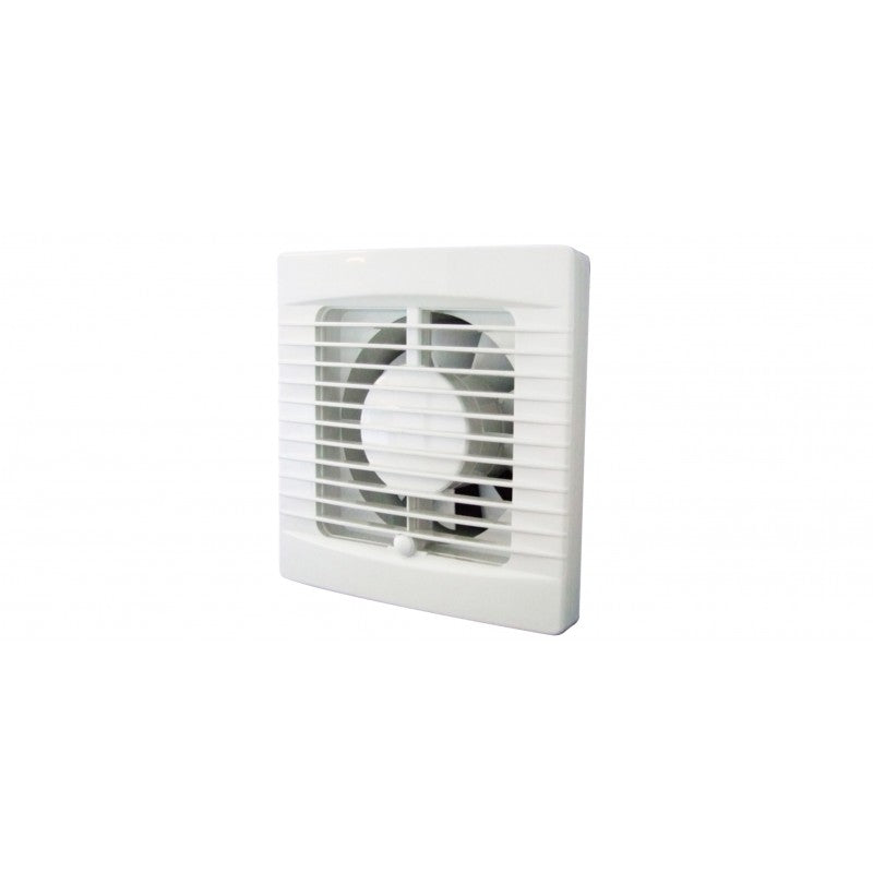 A white wall-mounted exhaust fan with a square grille and visible internal fan blades, shown against a plain white background.