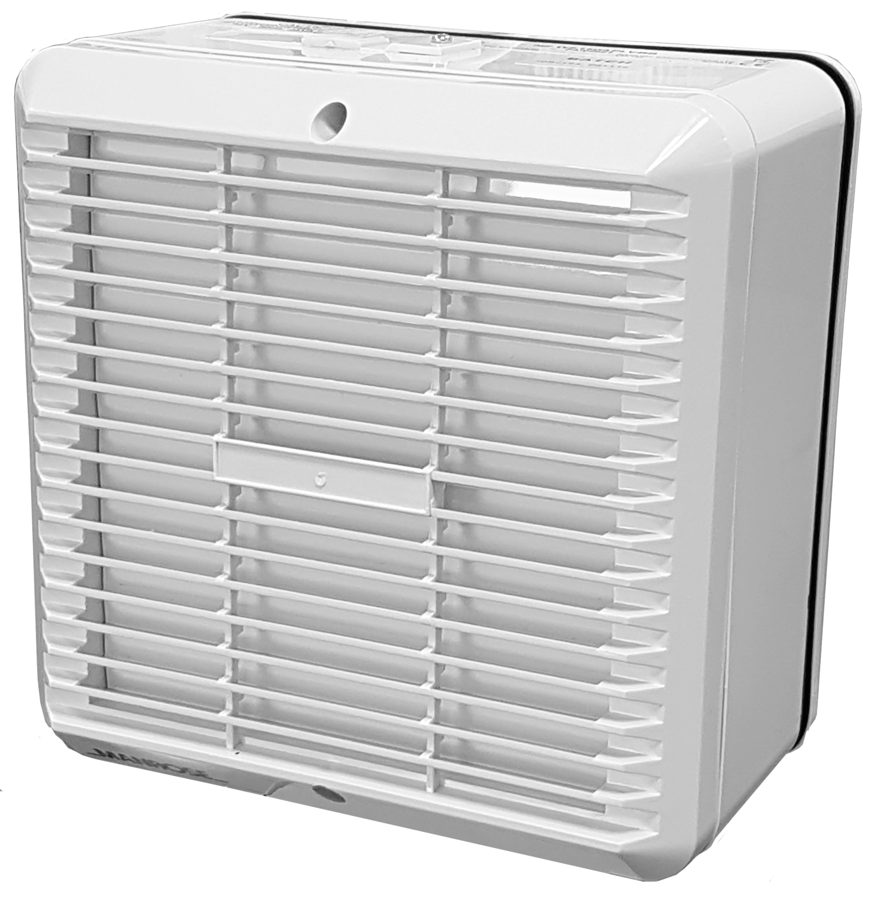 A white square box fan with a front grille and a black outer edge, shown on a plain white background.