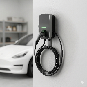 Electric vehicle charging station on a wall with a blurred car in the background