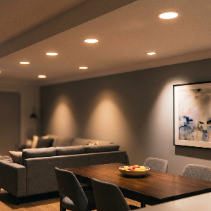 Modern living room with gray sofas, wooden dining table, and wall art.