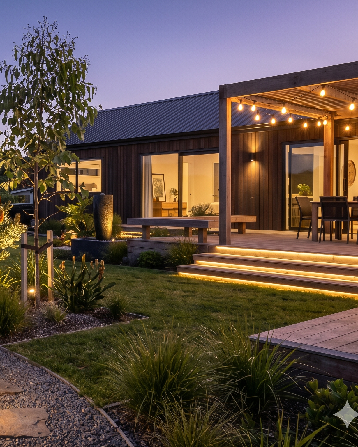 Evening view of a modern house with a well-lit garden pathway.