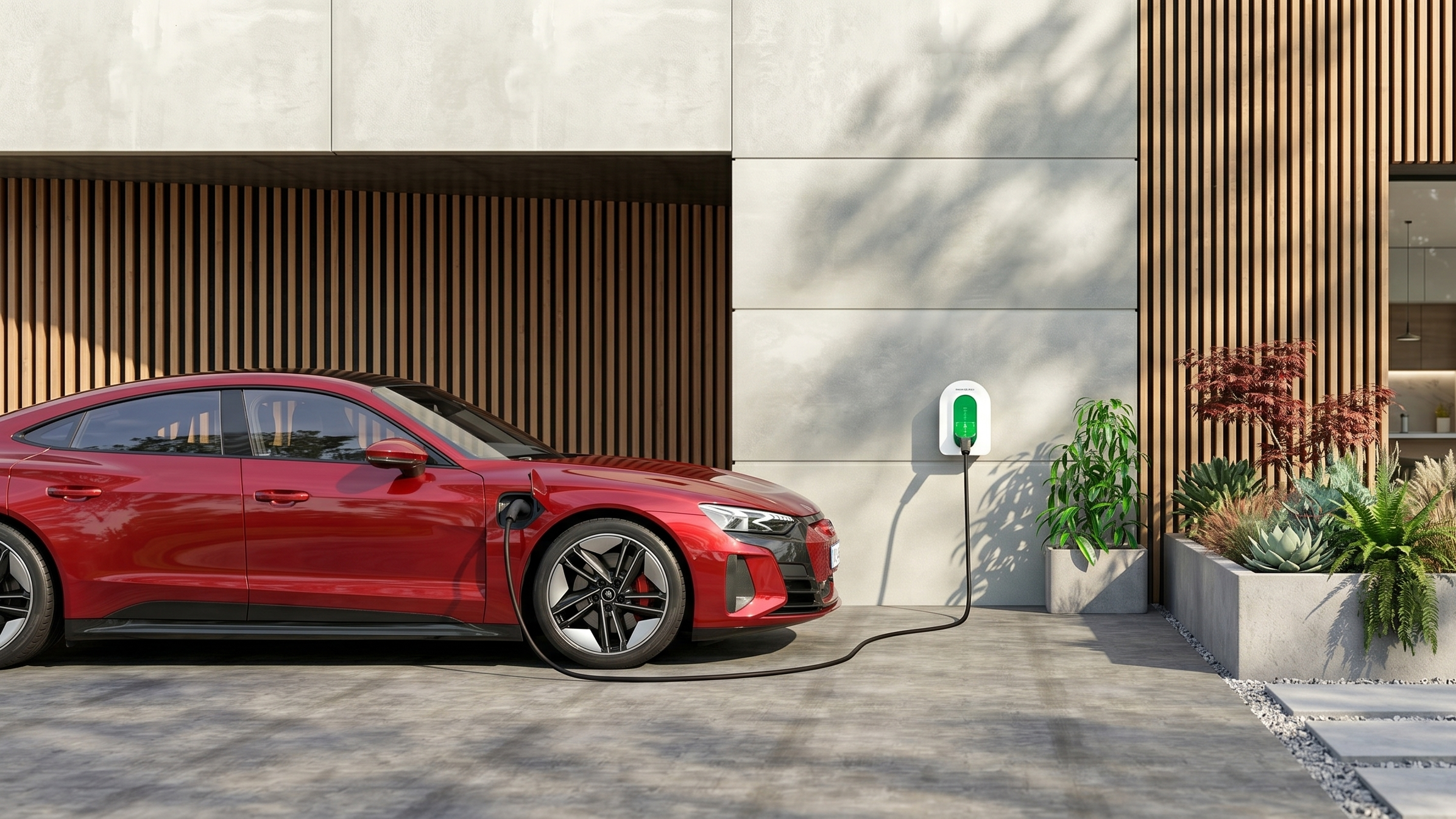 Red electric car charging outside a modern house