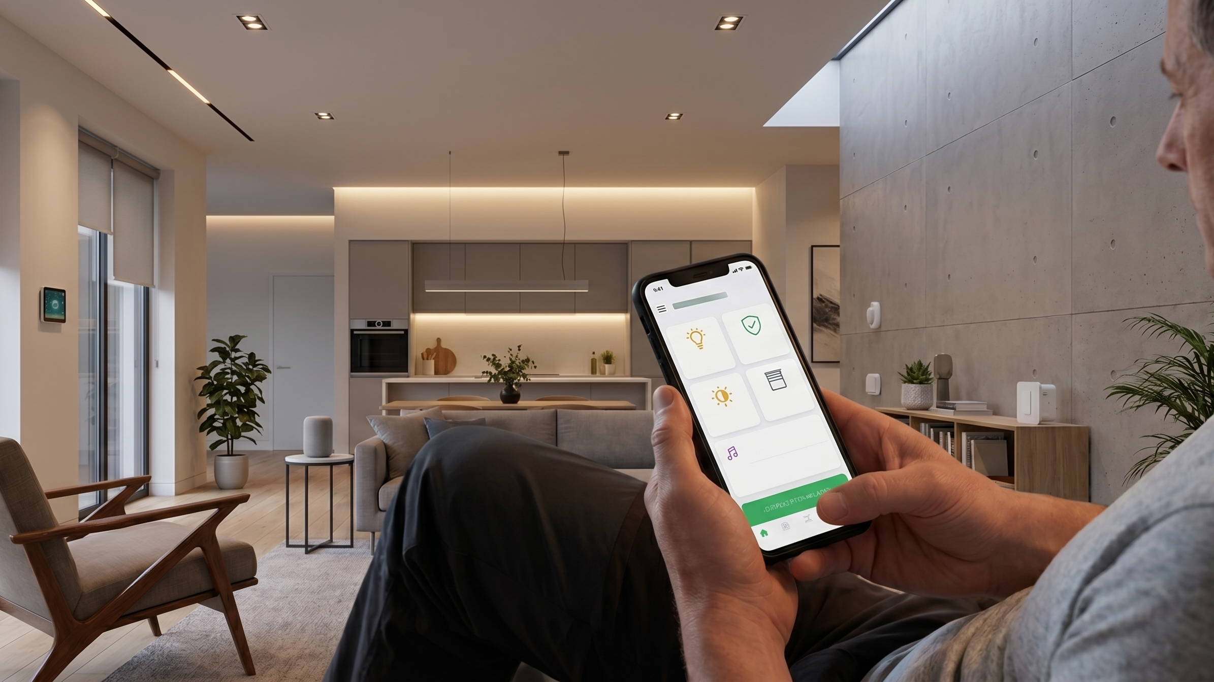 Person using a smartphone app to control home automation devices in a modern living room.