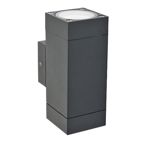 Black outdoor wall light fixture on a white background