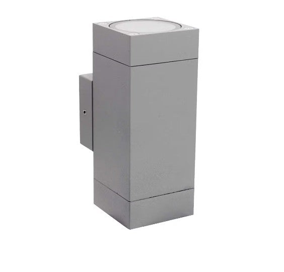 Gray outdoor wall light fixture on a white background