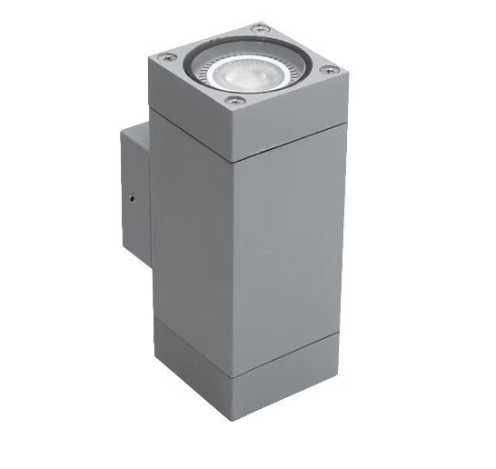 Gray outdoor wall light fixture on a white background