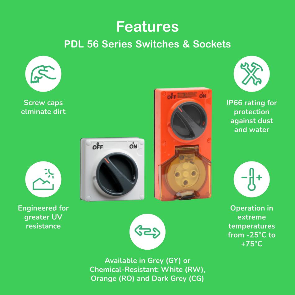 PDL 56 RCD Socket 3Pin IP66 240V 20Amp