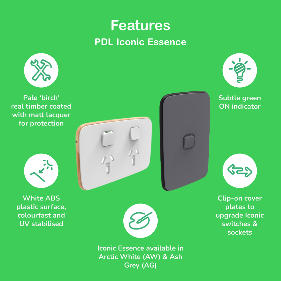 PDL Iconic Essence, cover frame, 2 switches & 1 socket, Horizontal