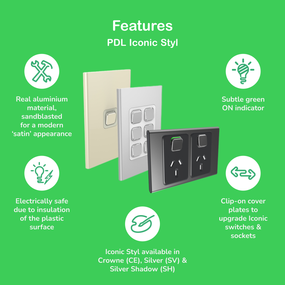 PDL Iconic STYL, cover frame, 1 switch & 1 socket, horizontal
