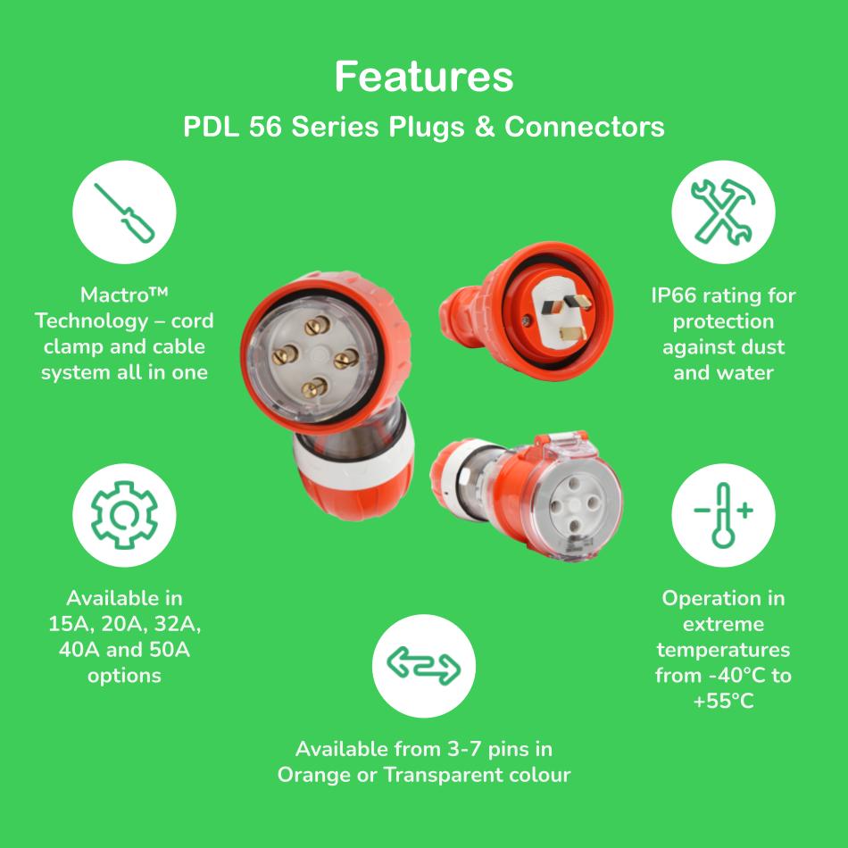 PDL 56 Plug Straight 4Pin IP66 500V 20Amp - Orange