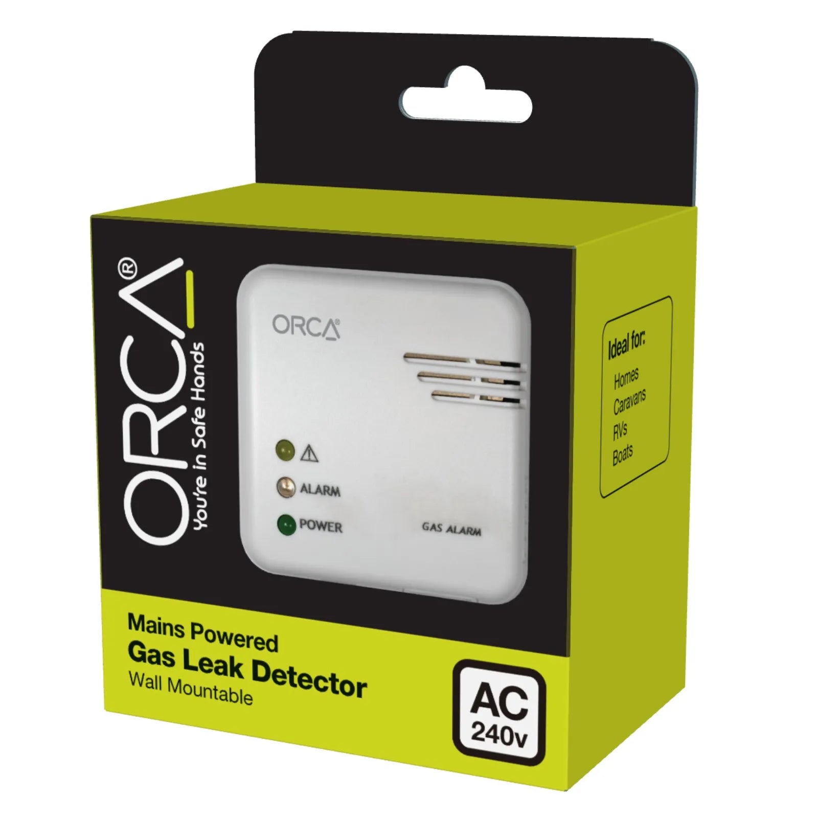 ORCA gas leak detector packaging with black and yellow design