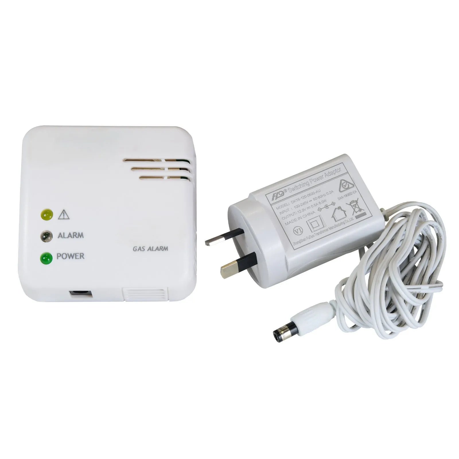Gas alarm and power adapter on a white background