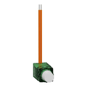 Electronic component with green casing, white knob, and orange leads on a white background