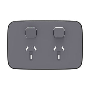 Gray power outlet cover with two sockets on a white background