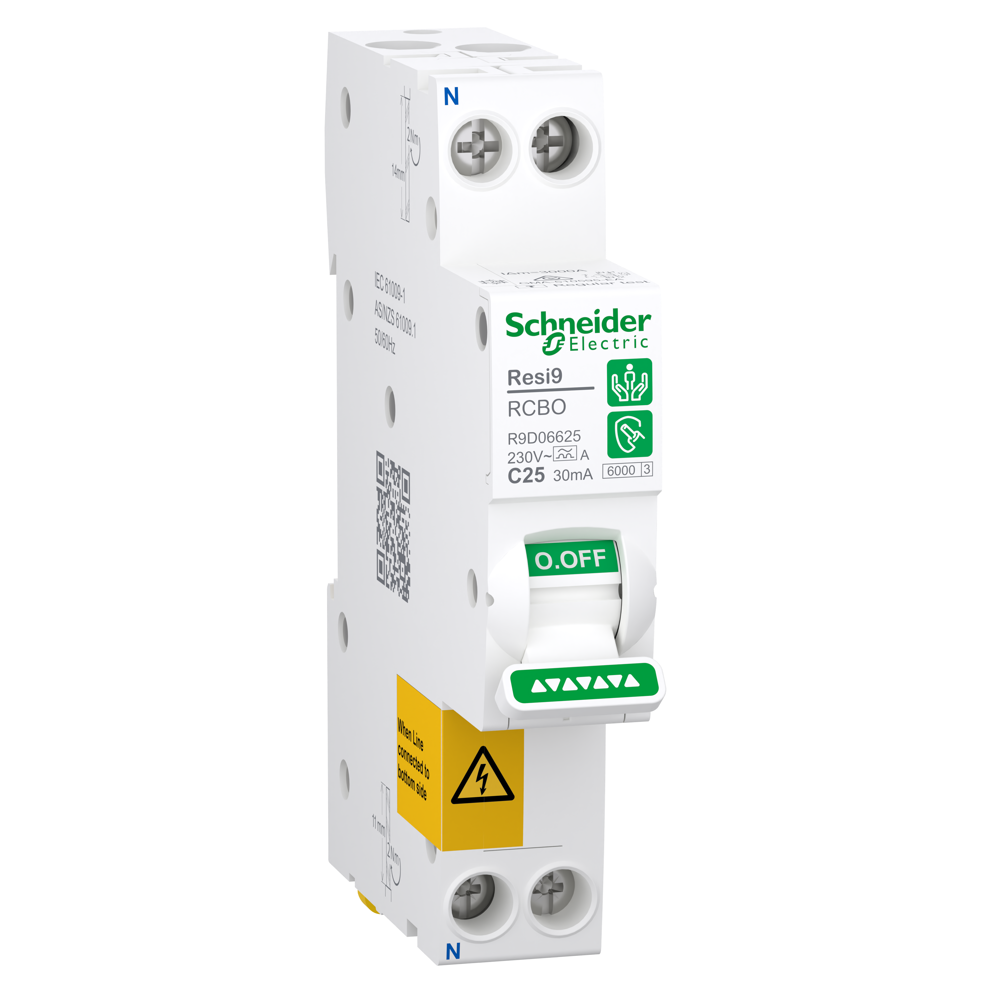 Residual current breaker with overcurrent protection (RCBO), Resi9, 1P+N, 6-32A, C curve, 6000A, A type, 30mA