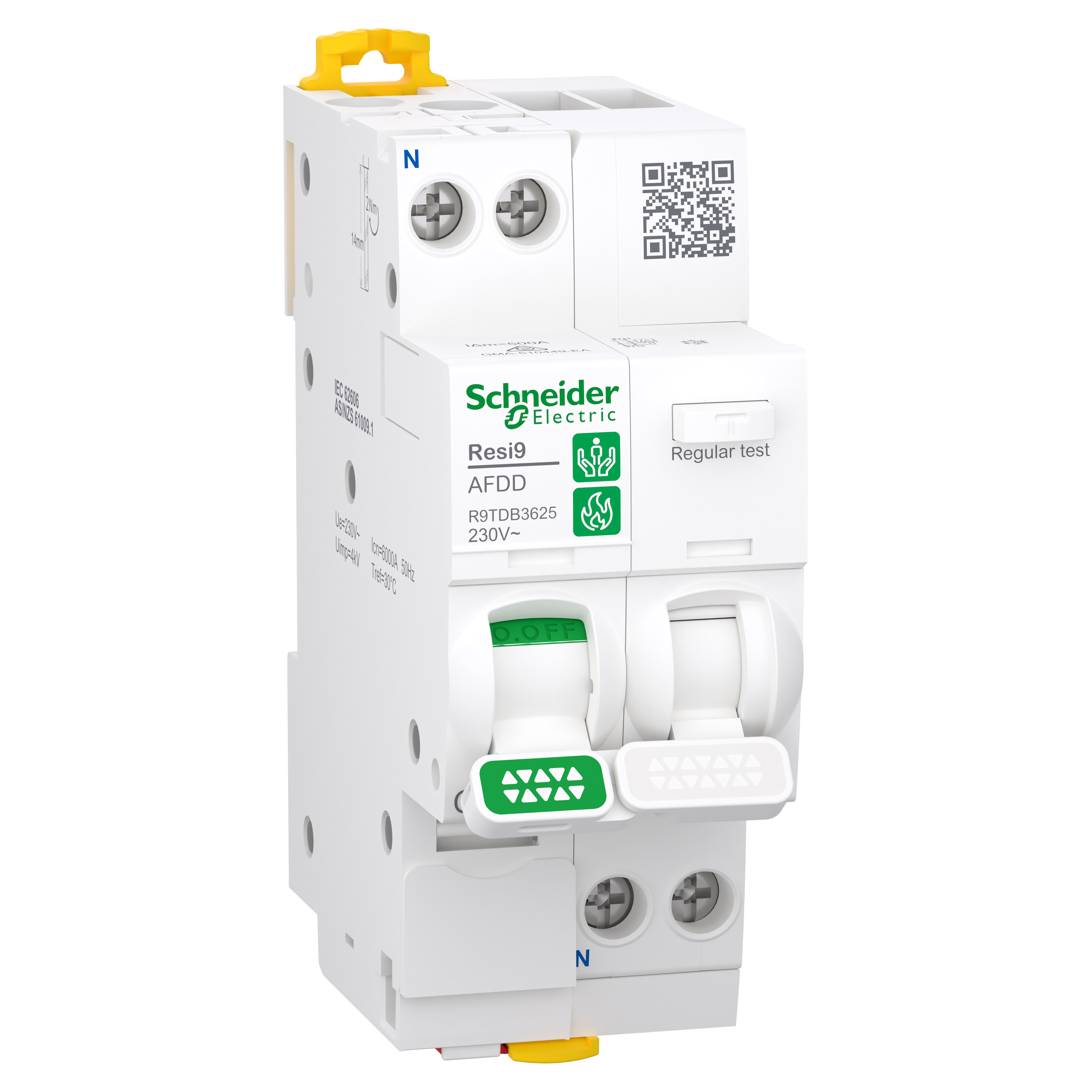 Arc fault detection RCBO, Resi9, 1P+N, 6-25A, 30 mA, C Curve, 6000A, A type, All-in-one