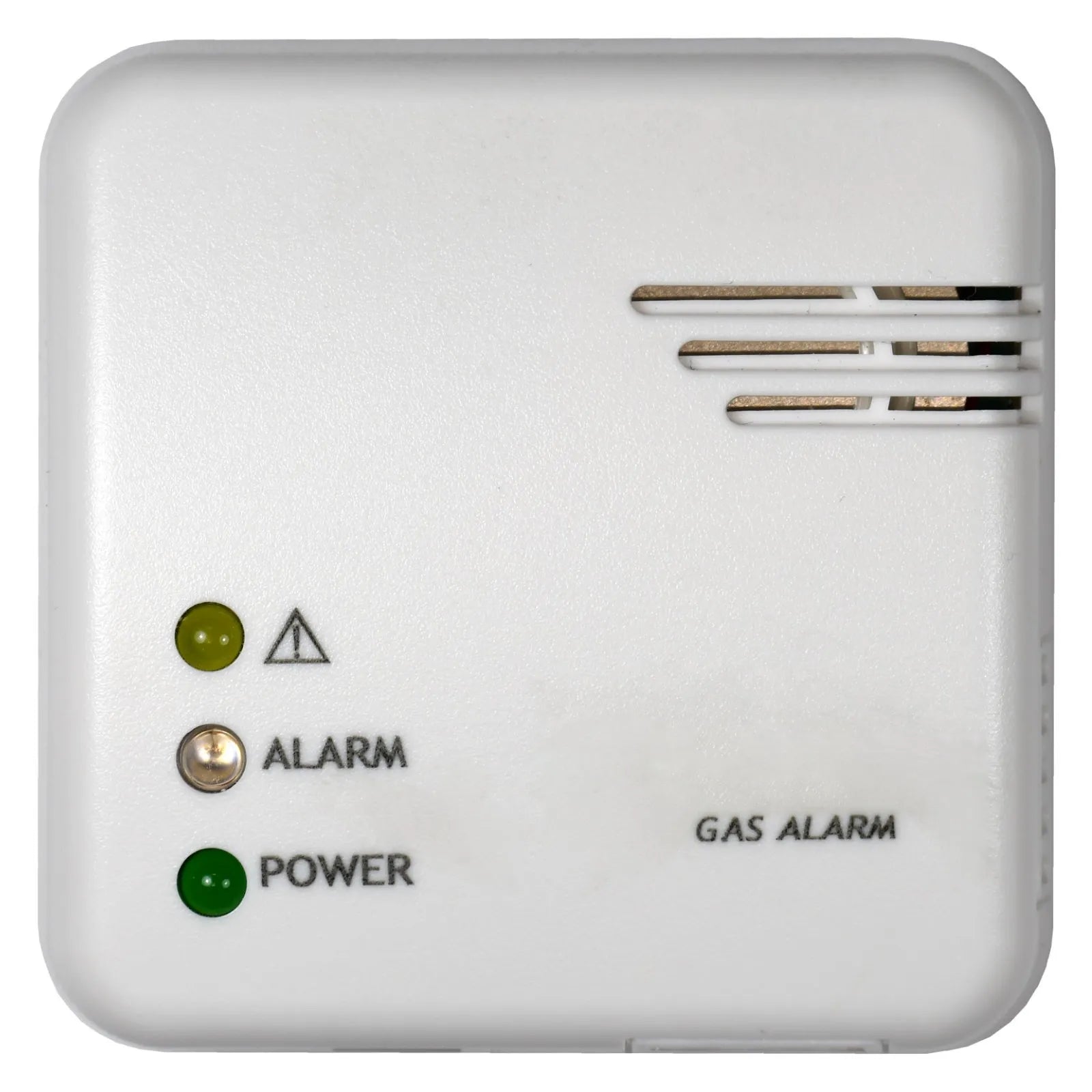 White gas alarm with green power button and red alarm indicator on a white background