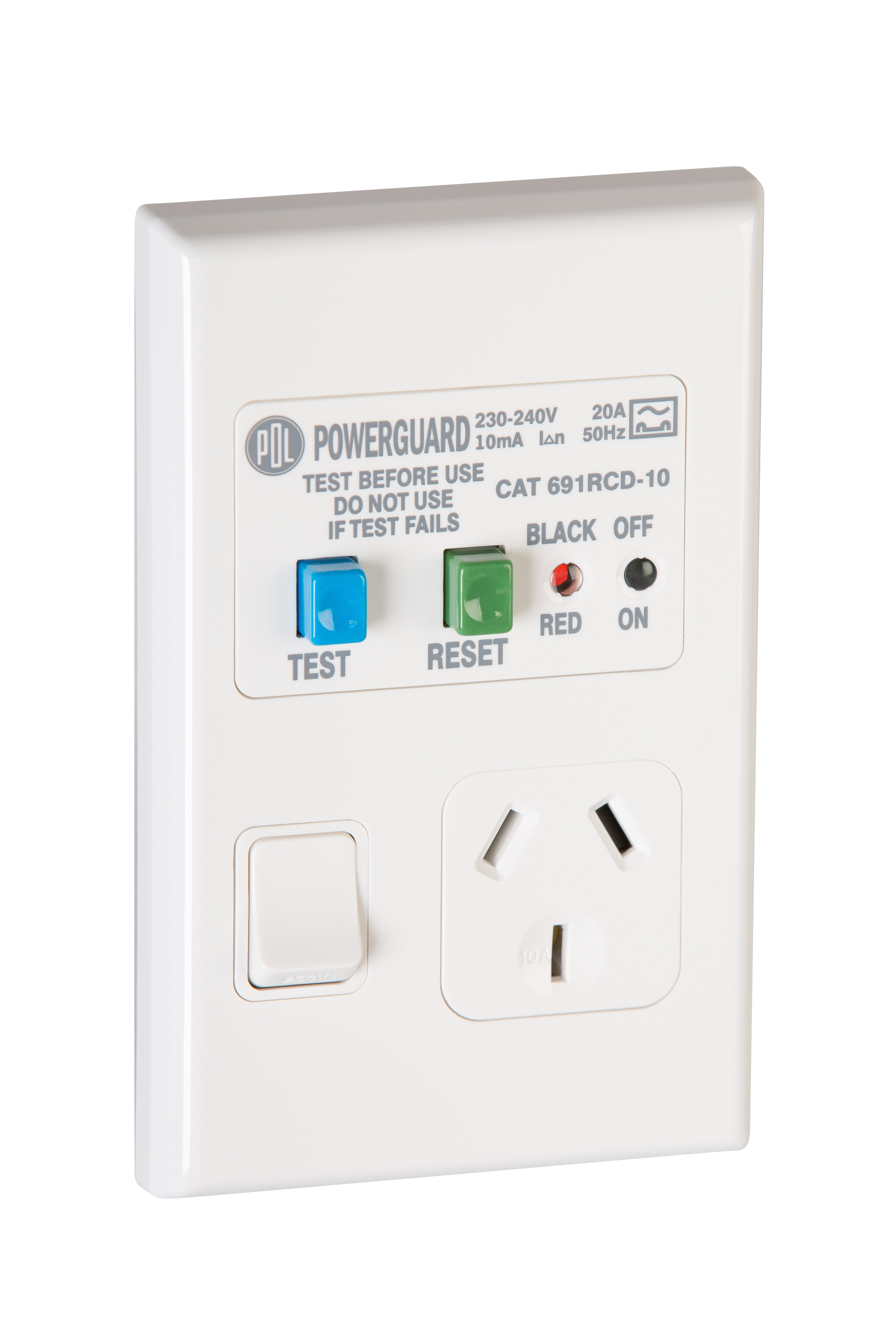 PDL Socket Outlet 600 Series - Single switched - Assembled - Vertical - 10mA RCD protection - 240 V - 10 A - White